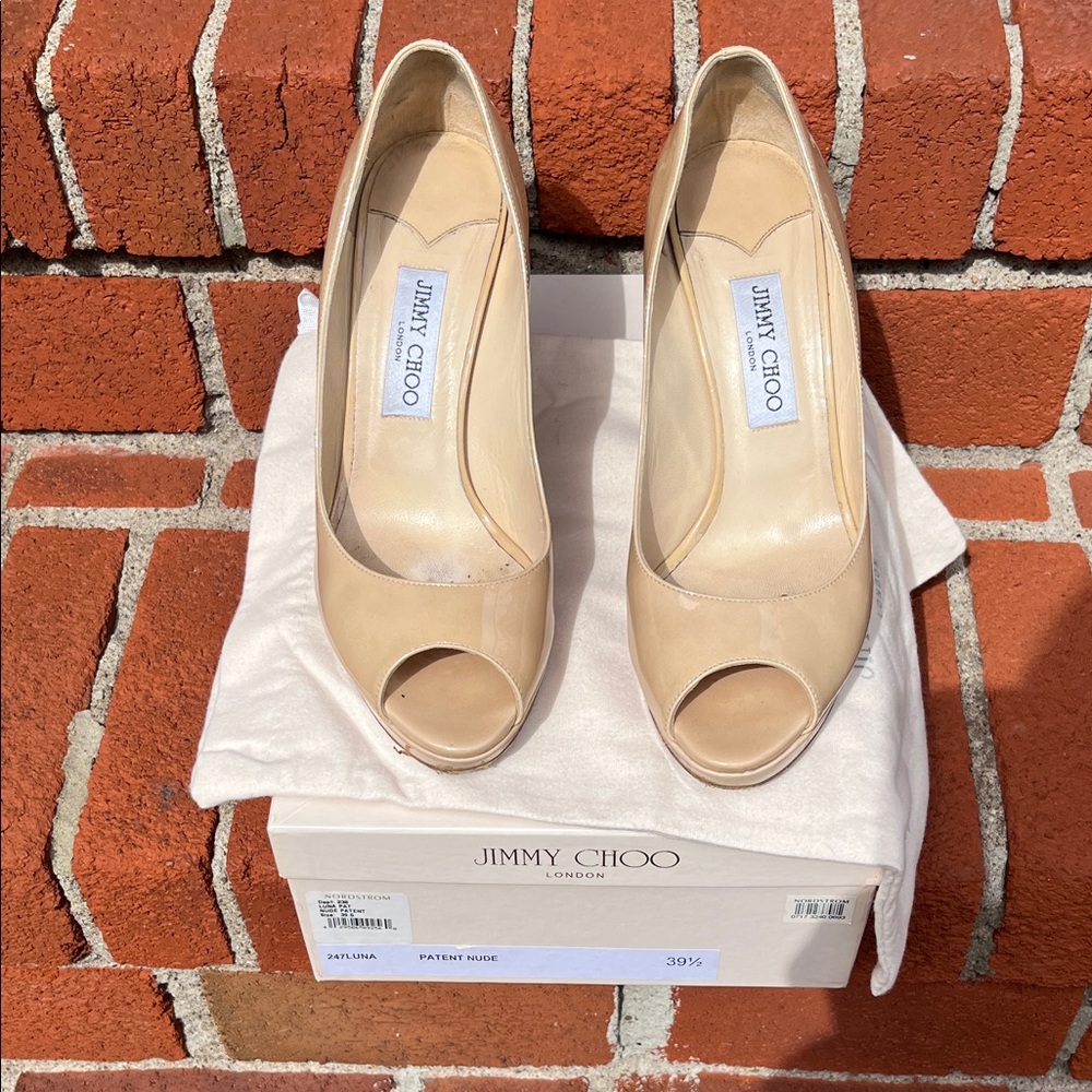 Jimmy Choo Nude Patent Leather Peep Toe Heels